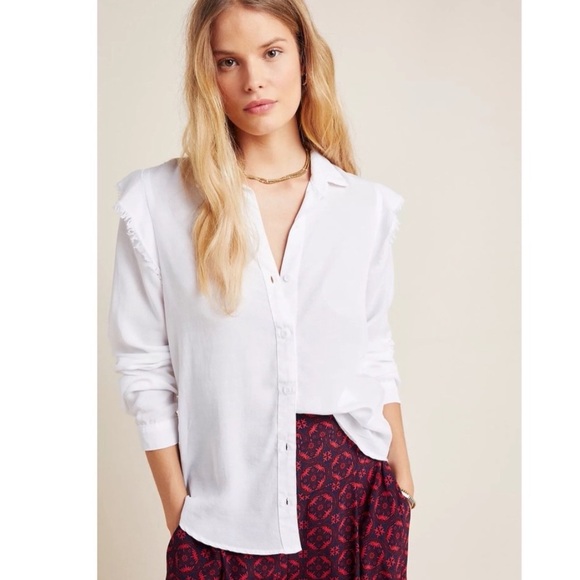 Anthropologie Cloth & Stone White Ruffle Shoulder Button Down Shirt Top XS - Picture 1 of 14